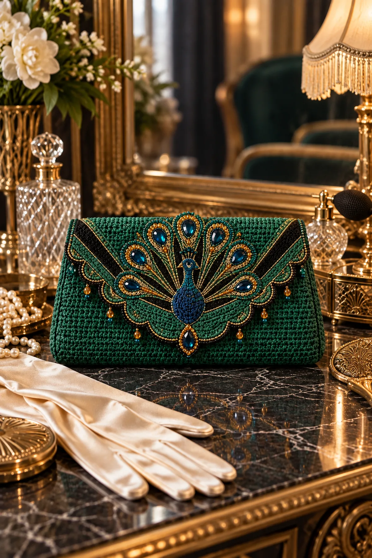 Art Deco peacock crochet clutch styled with satin gloves at an evening vanity