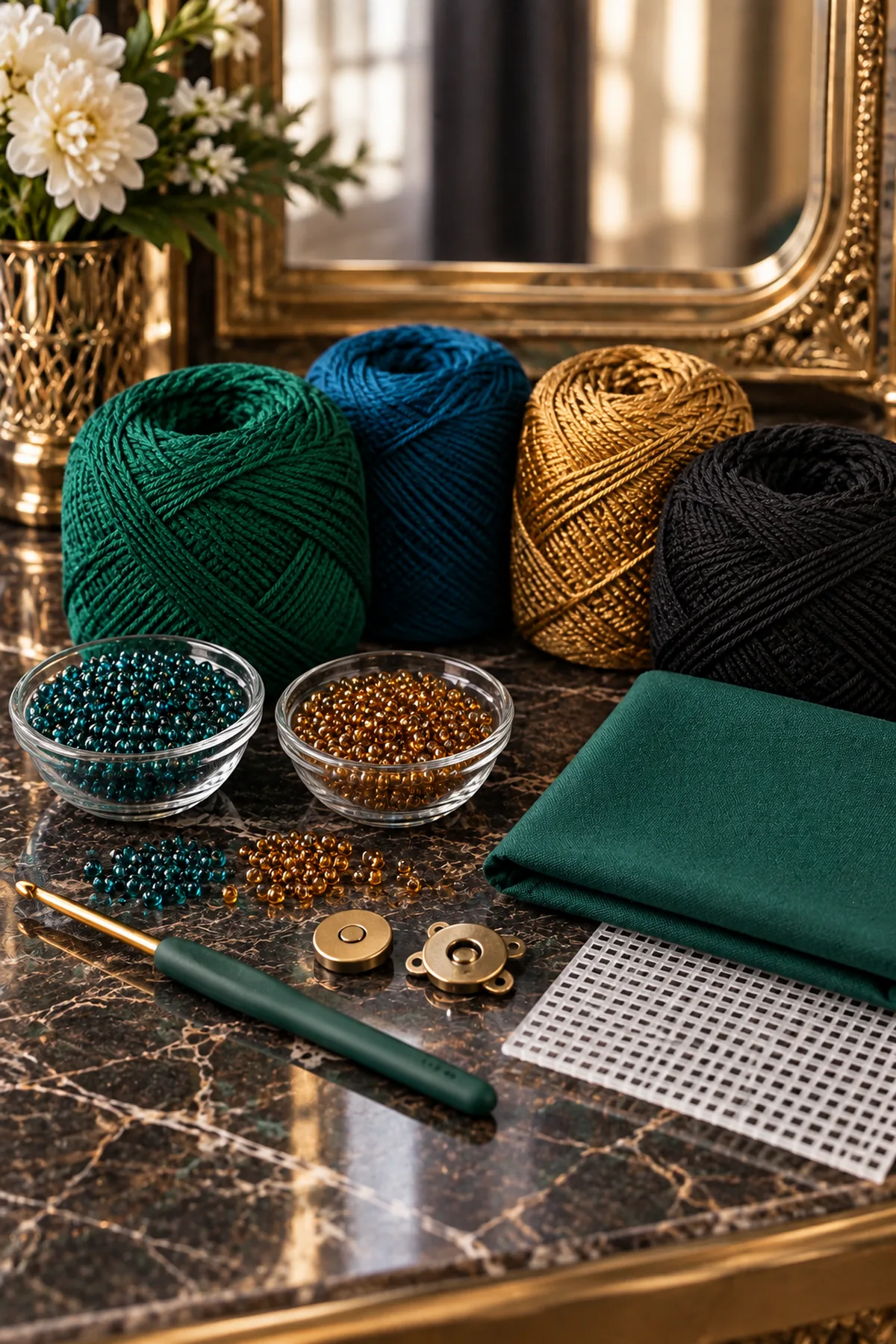 Emerald sapphire gold and black sport cotton yarn beads hook lining magnetic snap plastic canvas and needle