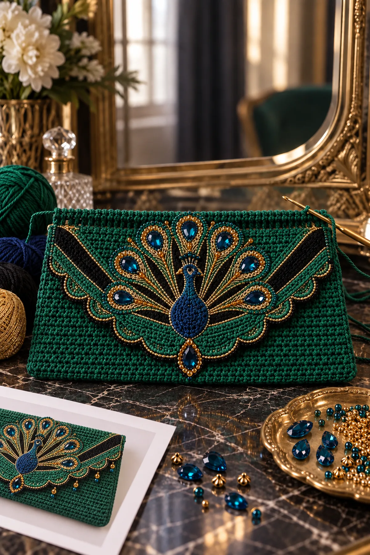 Flat crochet clutch panel midway through symmetrical sapphire and gold peacock fan colorwork