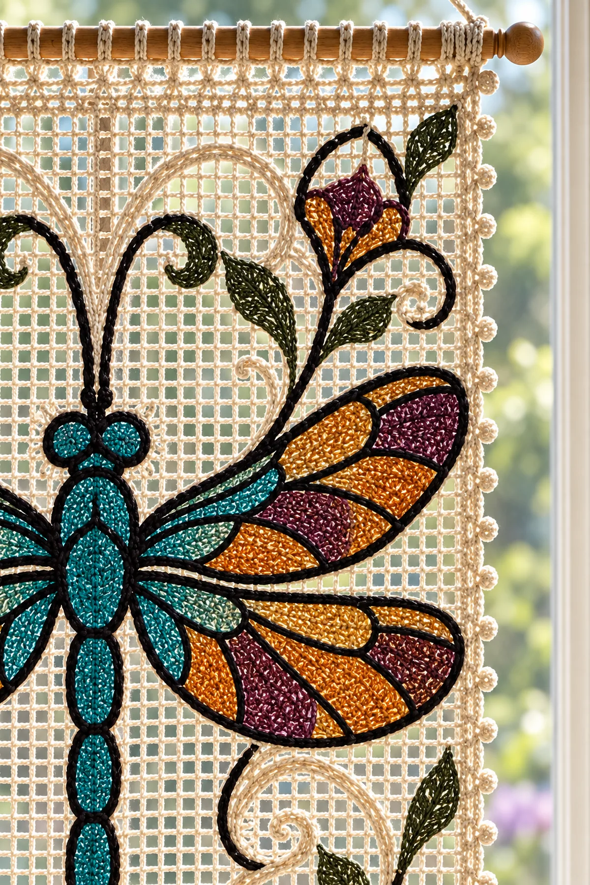 Close-up of jewel tone dragonfly wing filet mesh black leading and picot edge