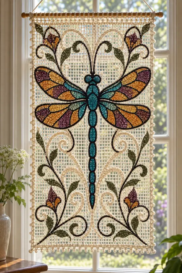 Finished Art Nouveau crochet dragonfly window panel with turquoise amber plum wings and ivory filet vines