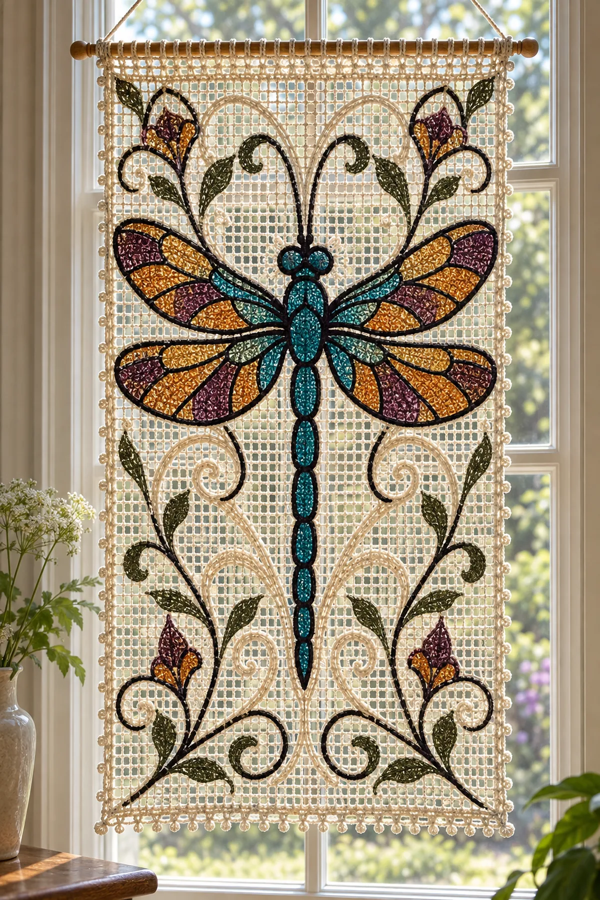 Finished Art Nouveau crochet dragonfly window panel with turquoise amber plum wings and ivory filet vines