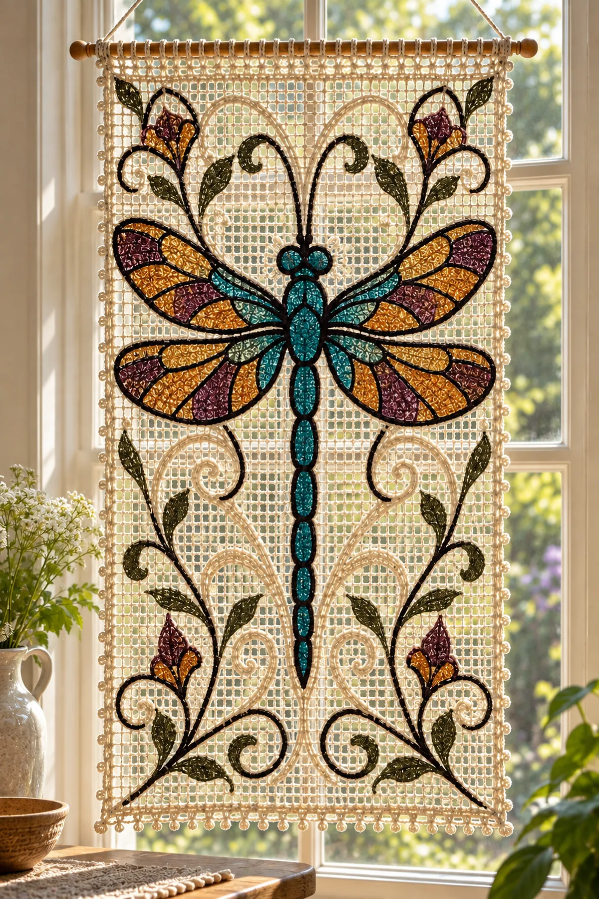 Art Nouveau dragonfly crochet panel glowing in a sunlit window