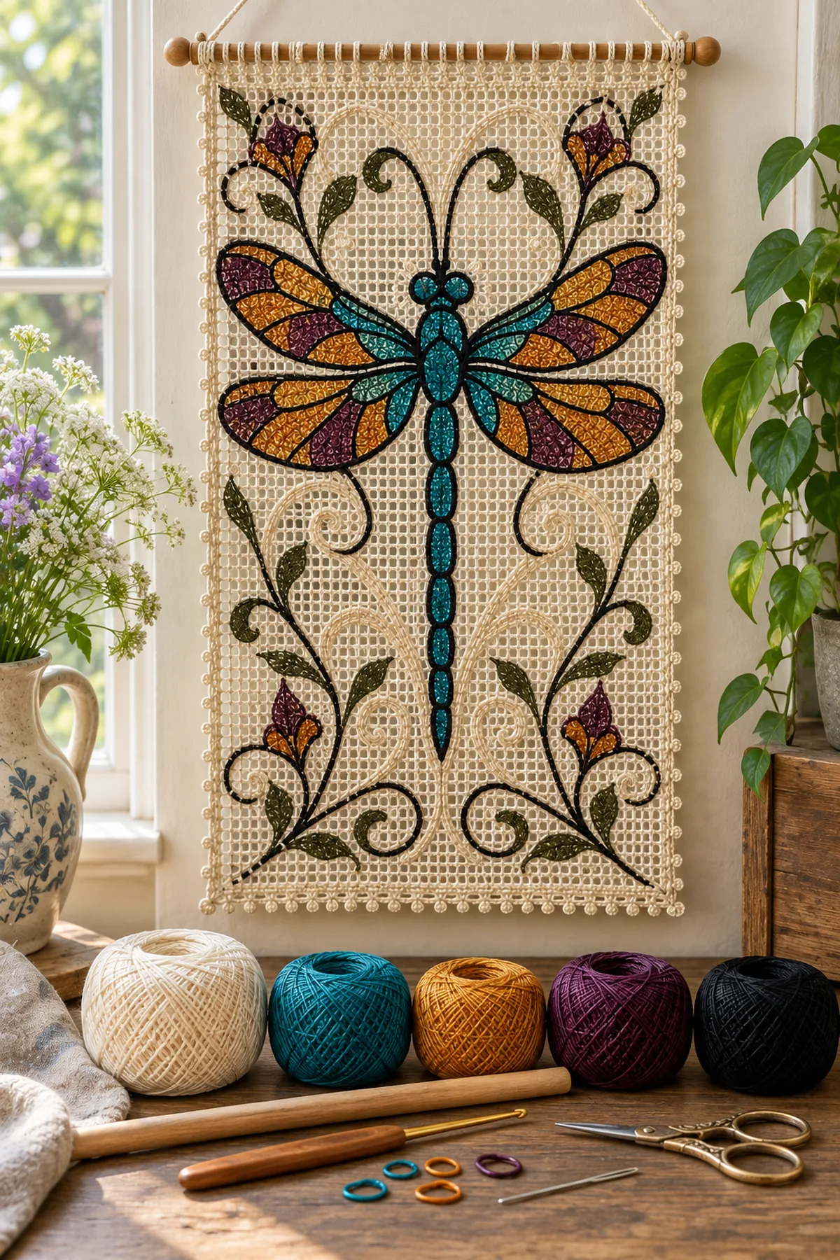 Ivory turquoise amber plum and black sport cotton fine hook dowel markers needle and scissors