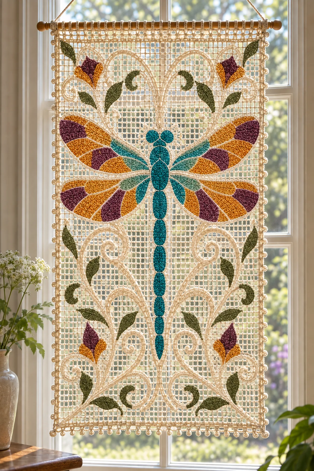 Dragonfly window panel with colored wing sections before black surface outlines