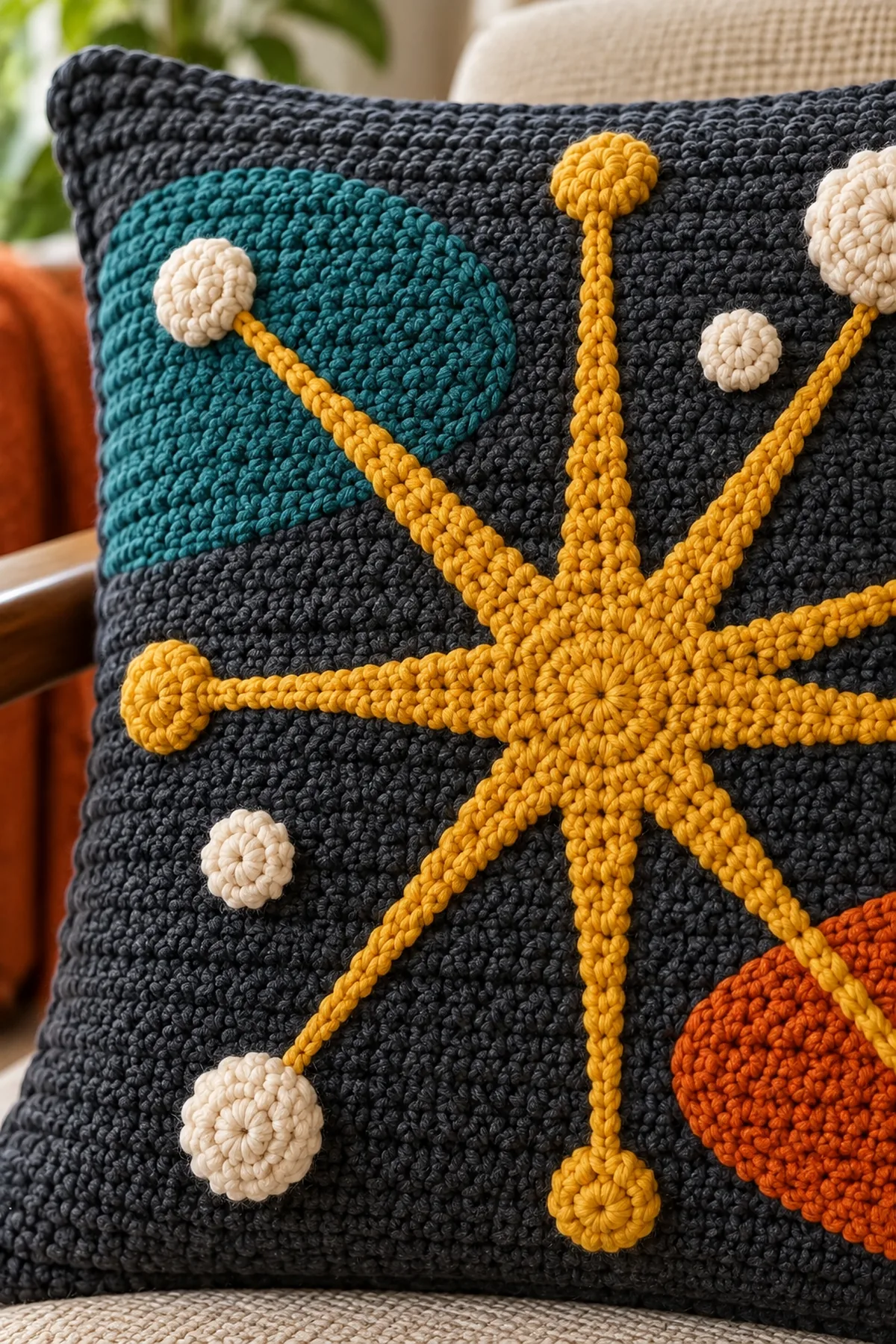 Close-up of tapered crochet post stitch rays cream bobble satellites and charcoal texture