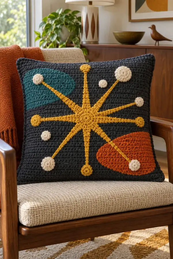 Finished charcoal crochet atomic starburst throw pillow with mustard rays teal orange orbits and cream bobbles