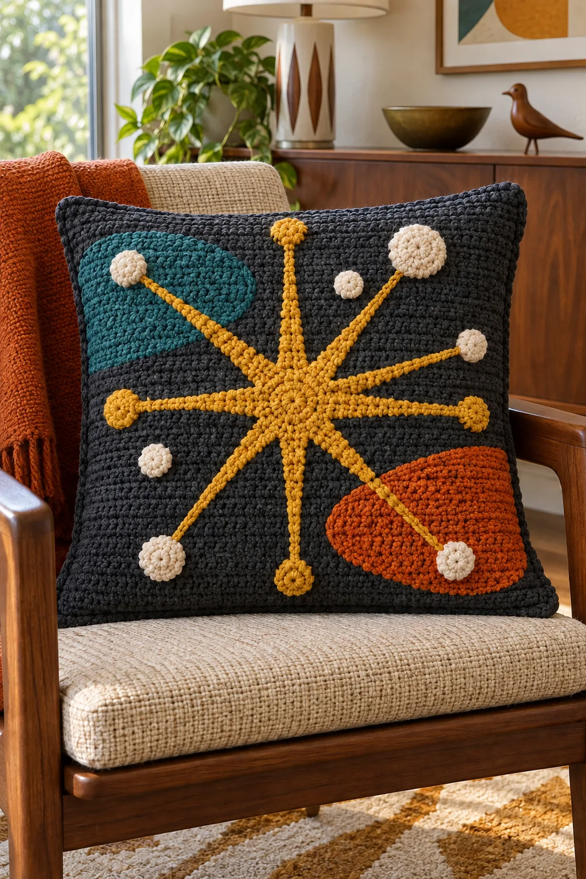 Mid century atomic starburst crochet pillow styled on a walnut lounge chair