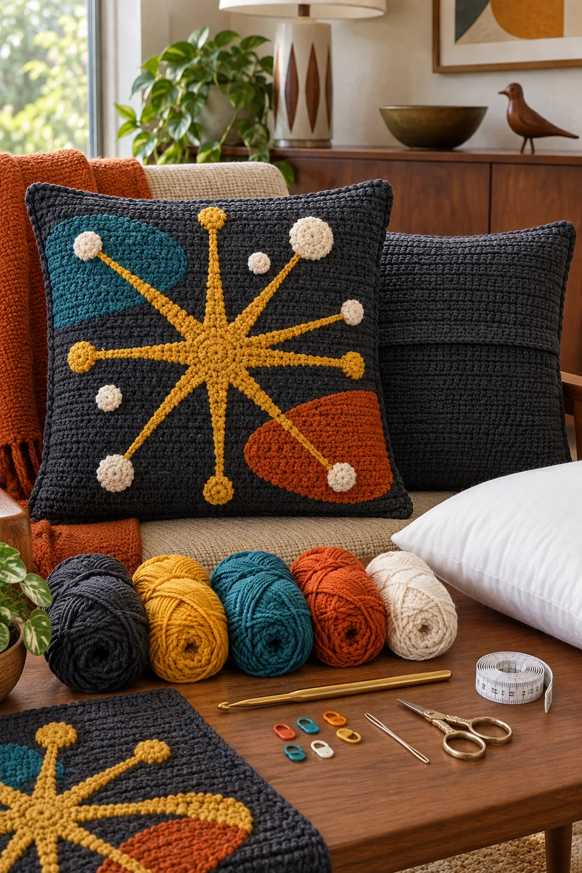 Charcoal mustard teal orange and cream worsted yarn crochet hook pillow insert markers needle scissors and tape