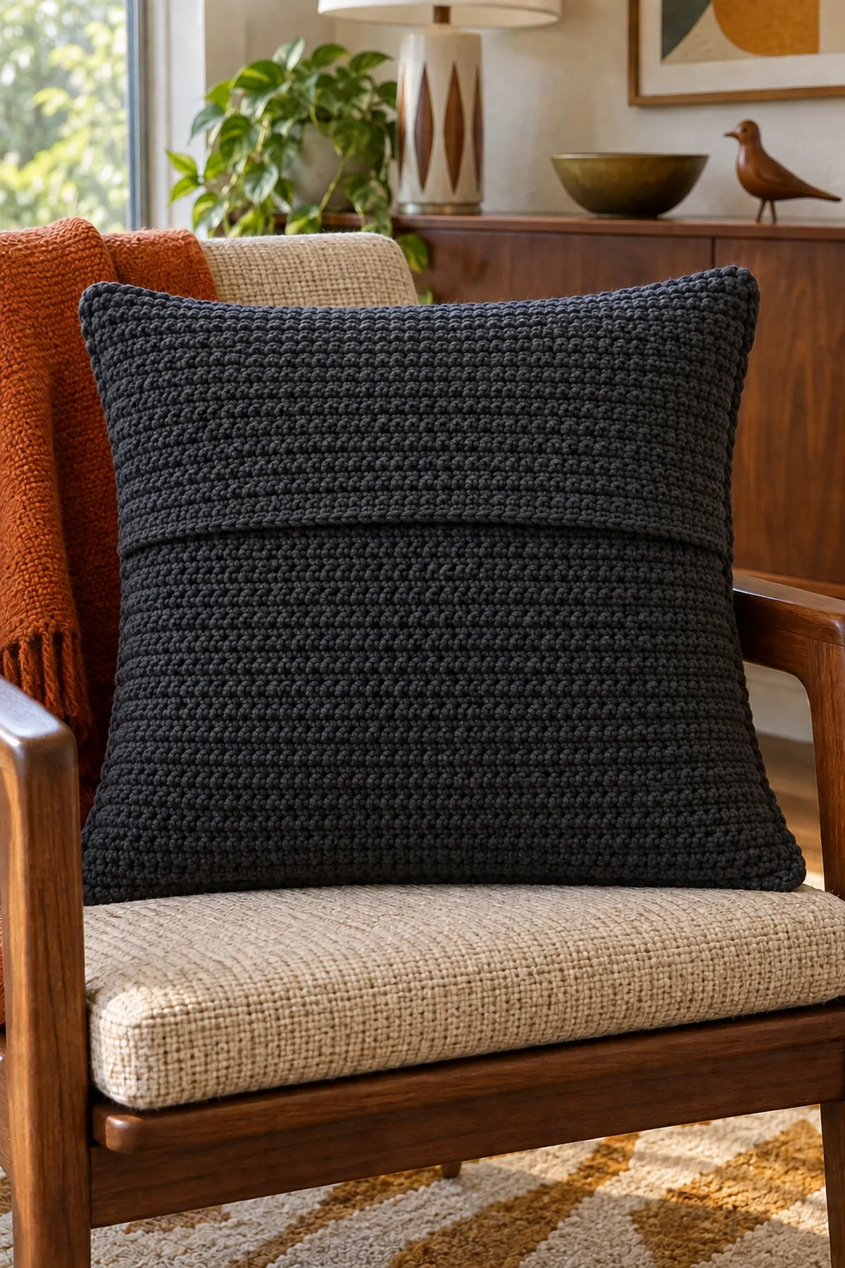 Mustard twelve stitch crochet center expanding into the first four square corners