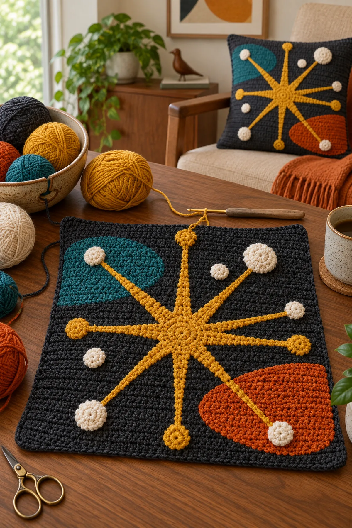 Atomic starburst pillow front with raised mustard rays and colorwork orbits midway through the chart