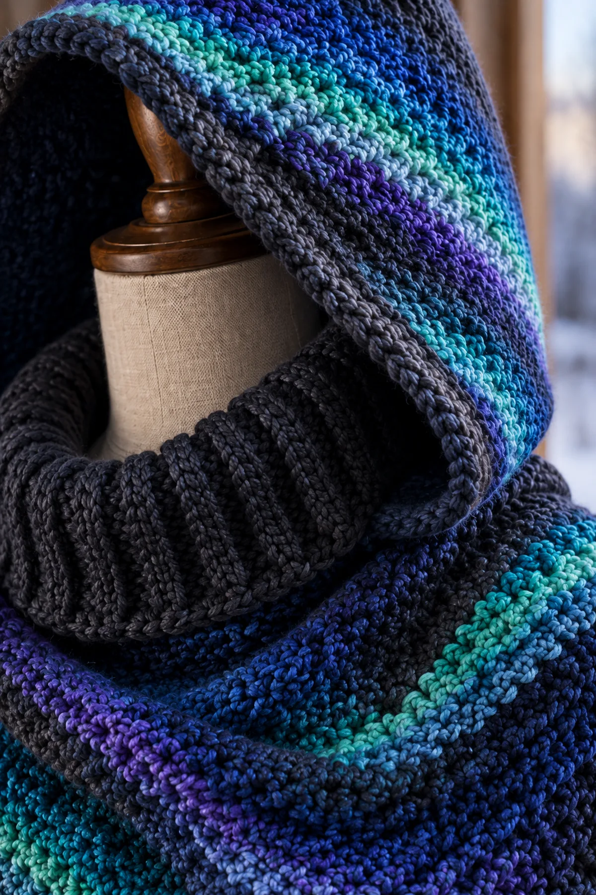 Close-up of luminous surface crochet aurora ribbons Tunisian texture and deep post stitch ribbing