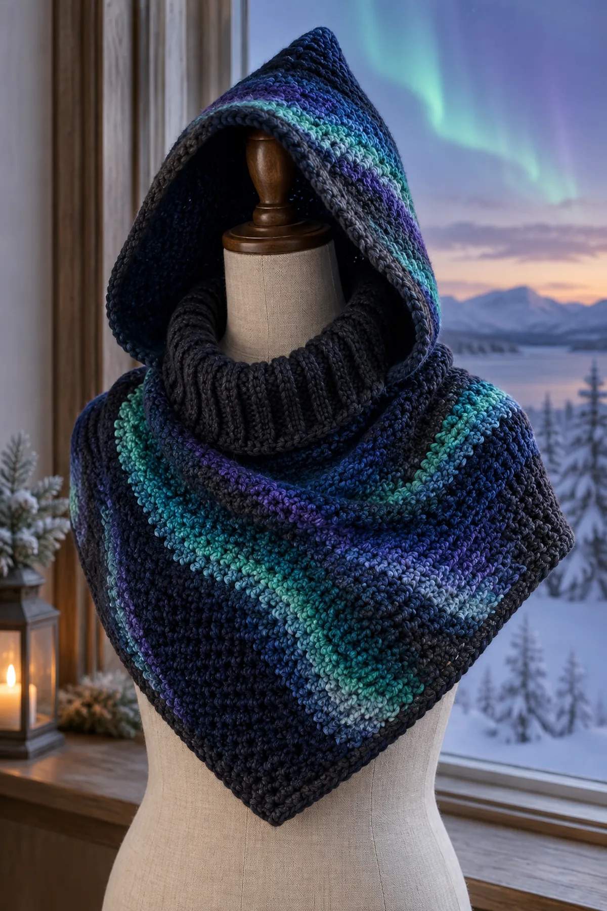 Finished crochet aurora borealis hooded cowl in charcoal navy emerald turquoise violet and icy blue