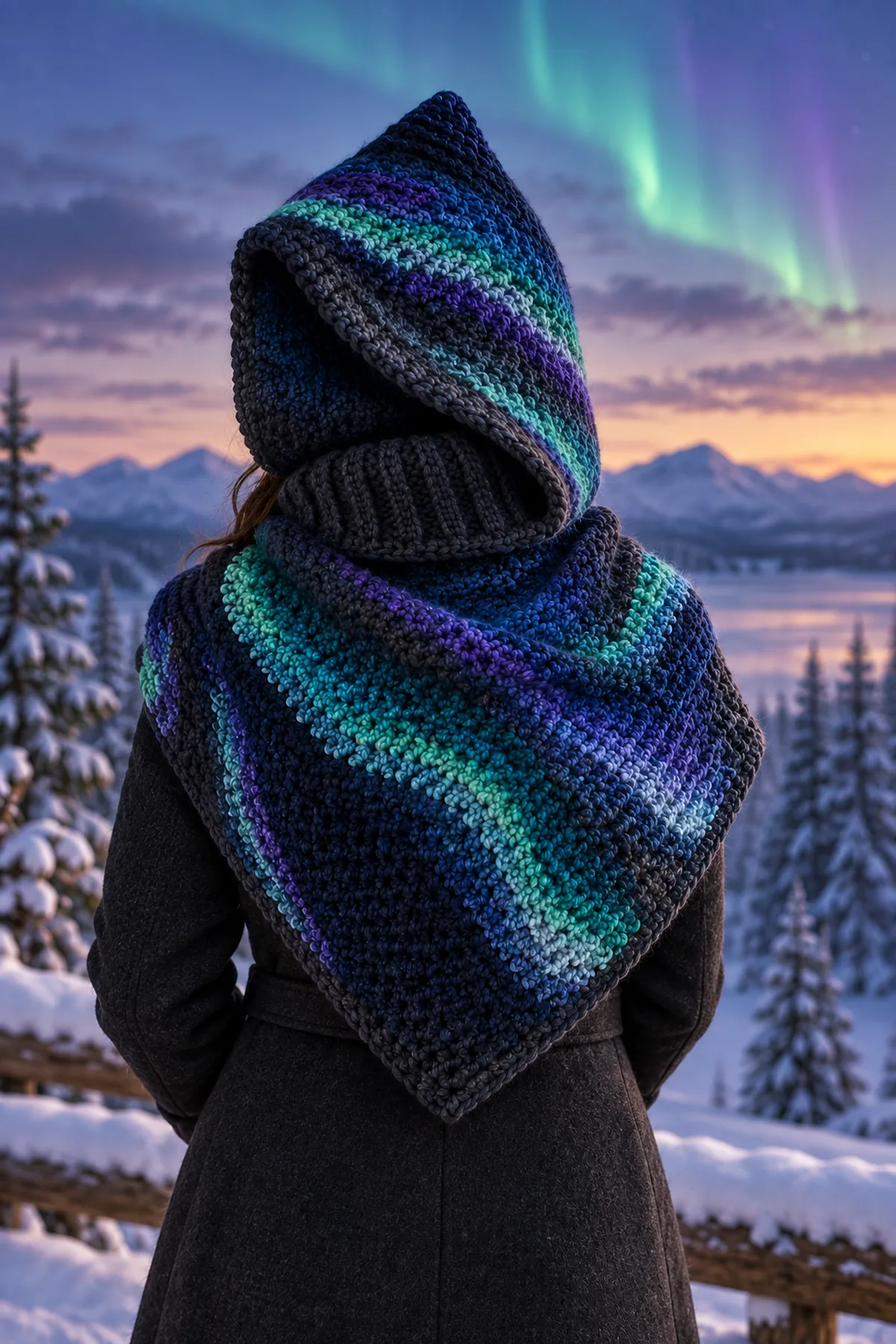 Aurora borealis crochet hooded cowl worn outdoors beneath a snowy twilight sky