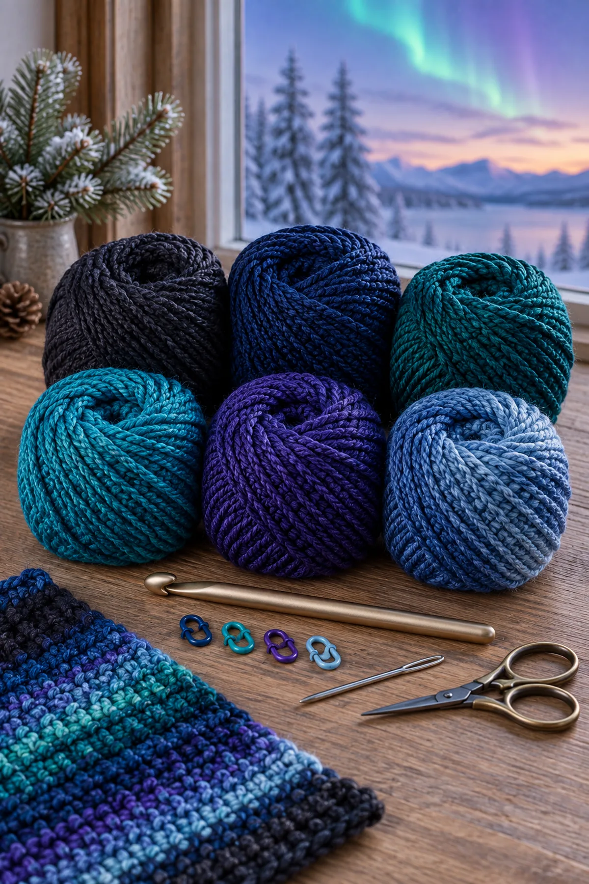 Charcoal navy emerald turquoise violet and icy blue worsted wool Tunisian hook markers needle and scissors