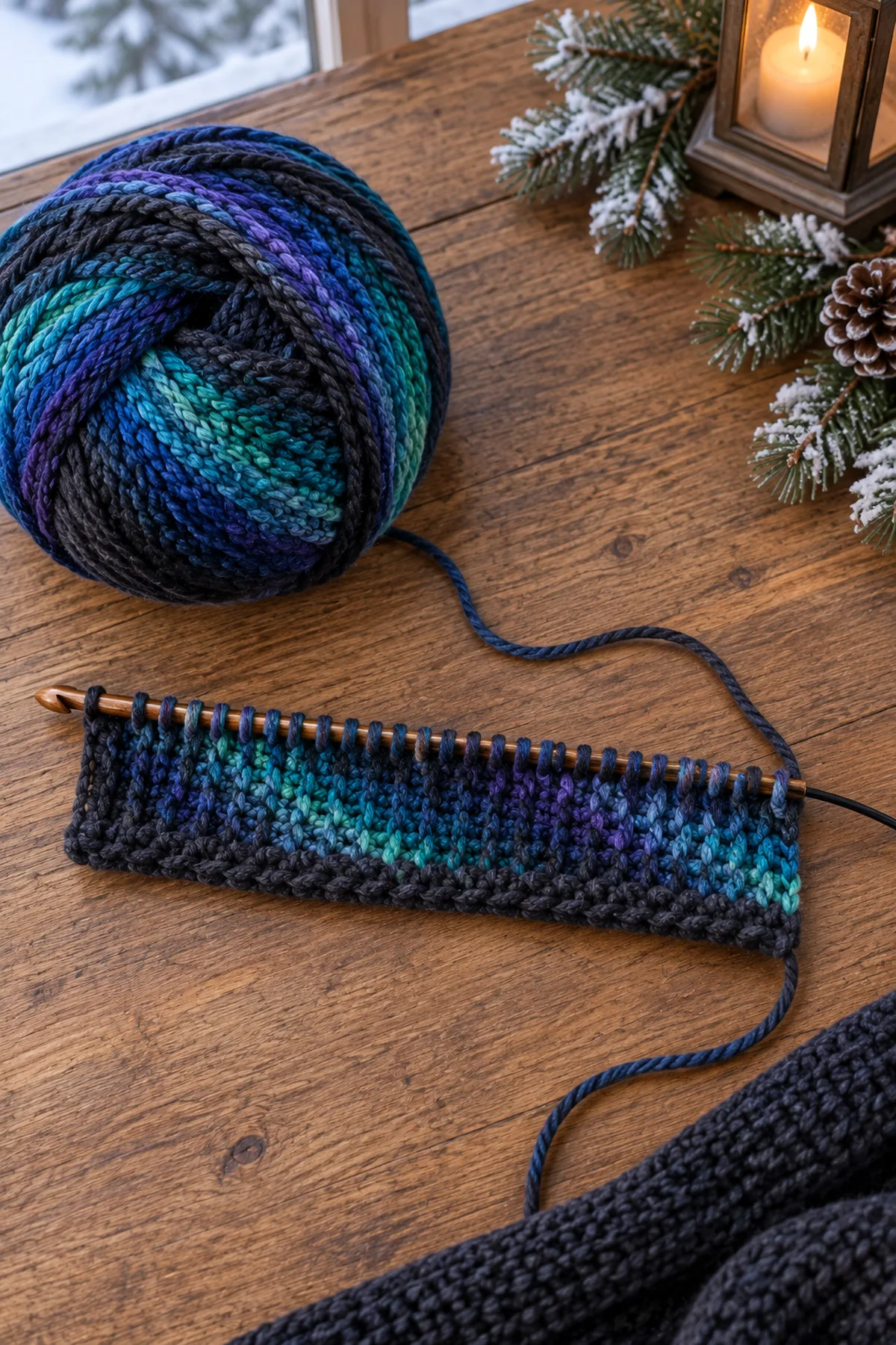 Charcoal 63 stitch Tunisian crochet foundation panel on a cable hook