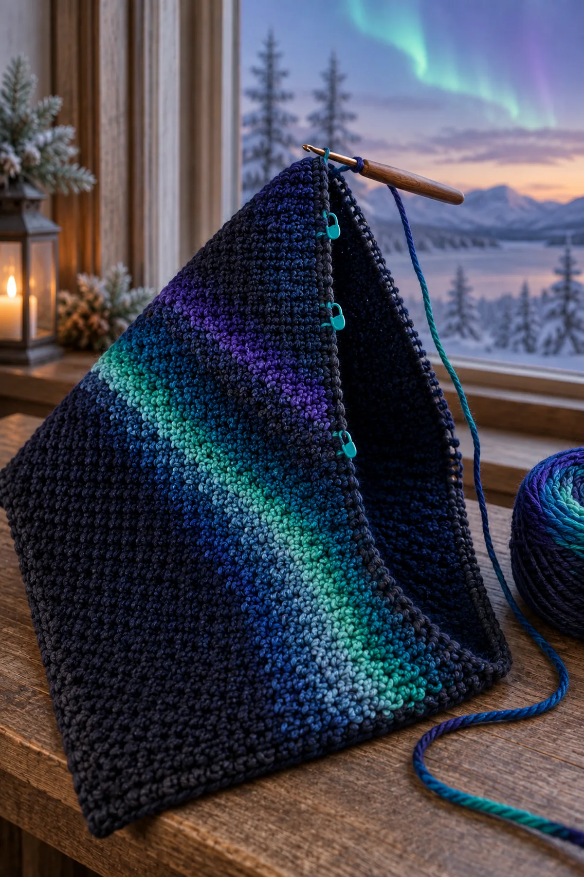 Midnight Tunisian hood panel with first emerald turquoise and violet aurora waves