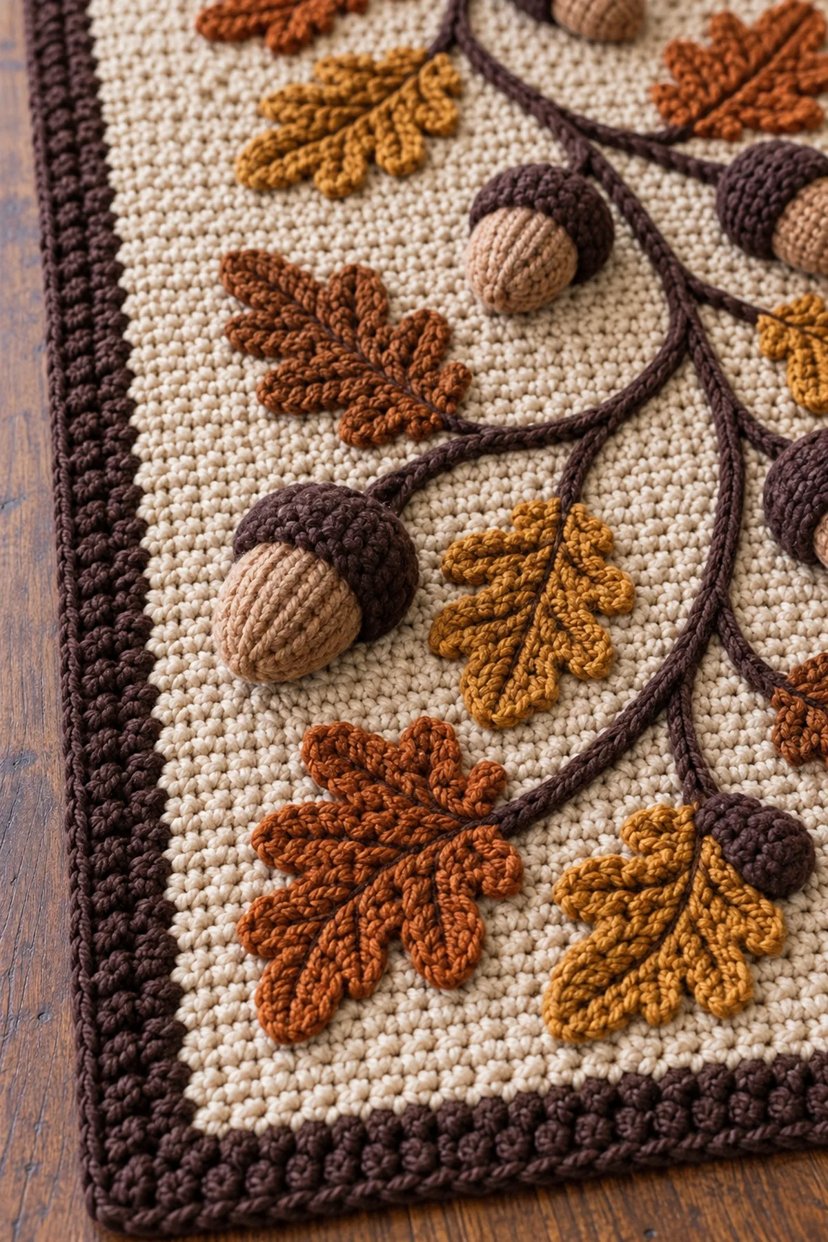Close-up of crochet acorn bobbled cap leaves and seed stitch border