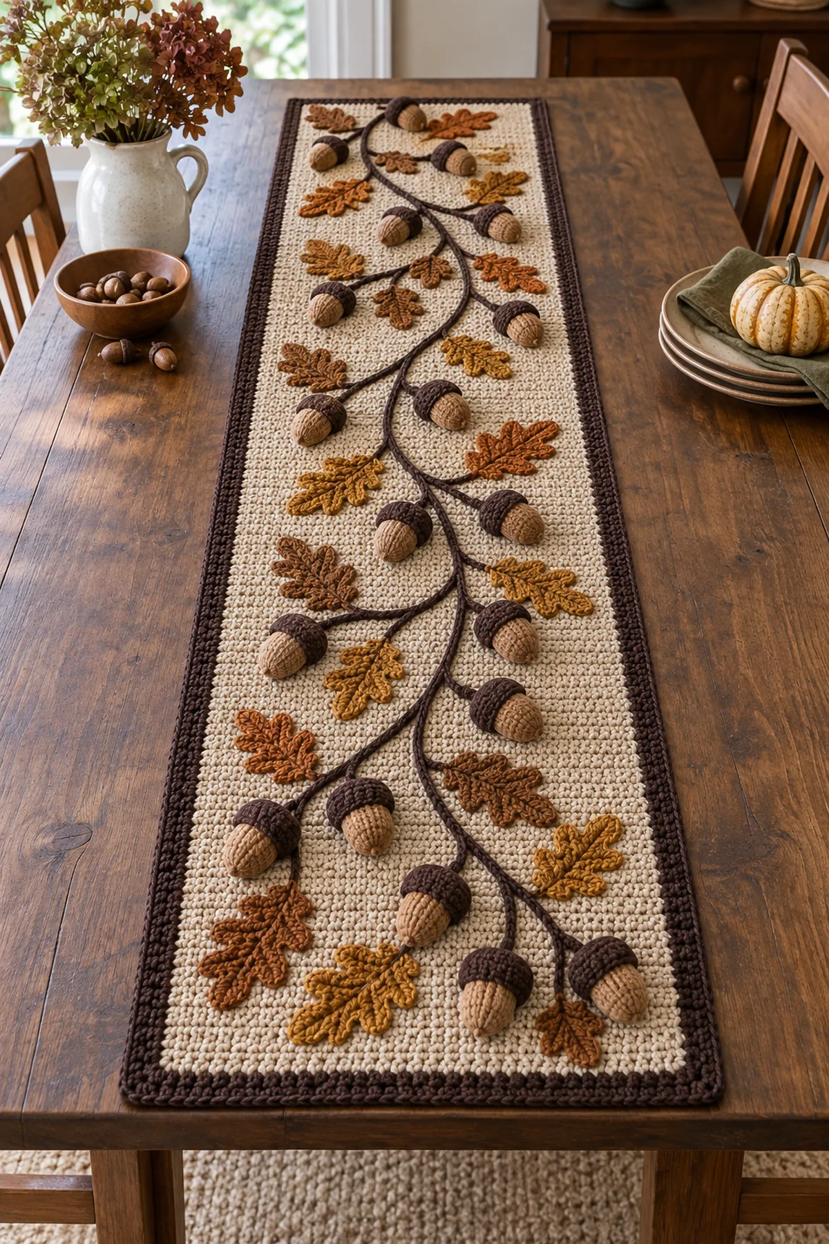Finished flax crochet autumn acorn table runner with dimensional acorns