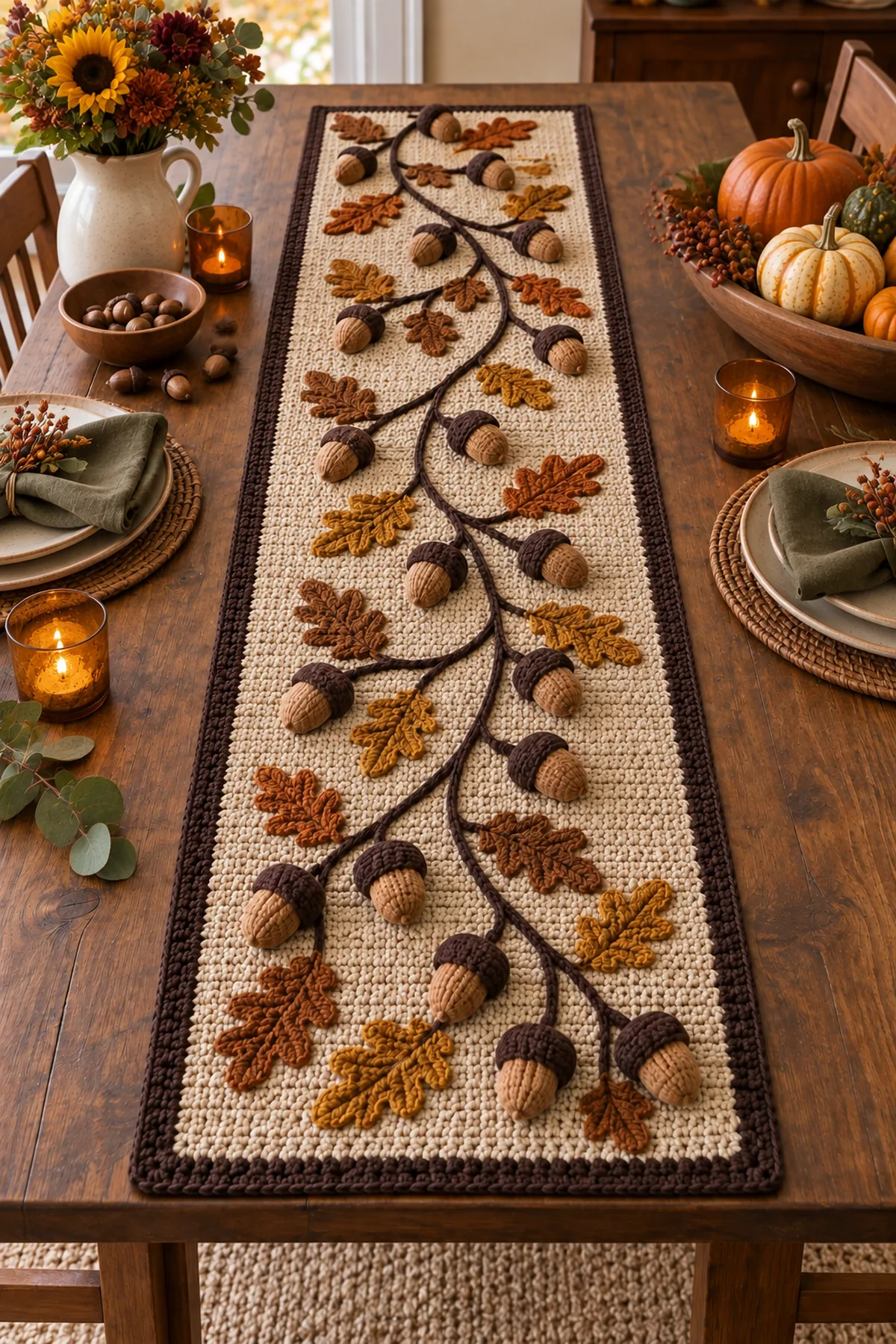 Autumn acorn crochet table runner on a harvest dining table