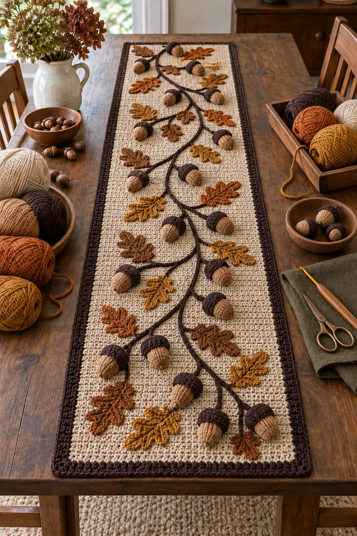 Flax brown copper and bronze cotton yarn with crochet tools
