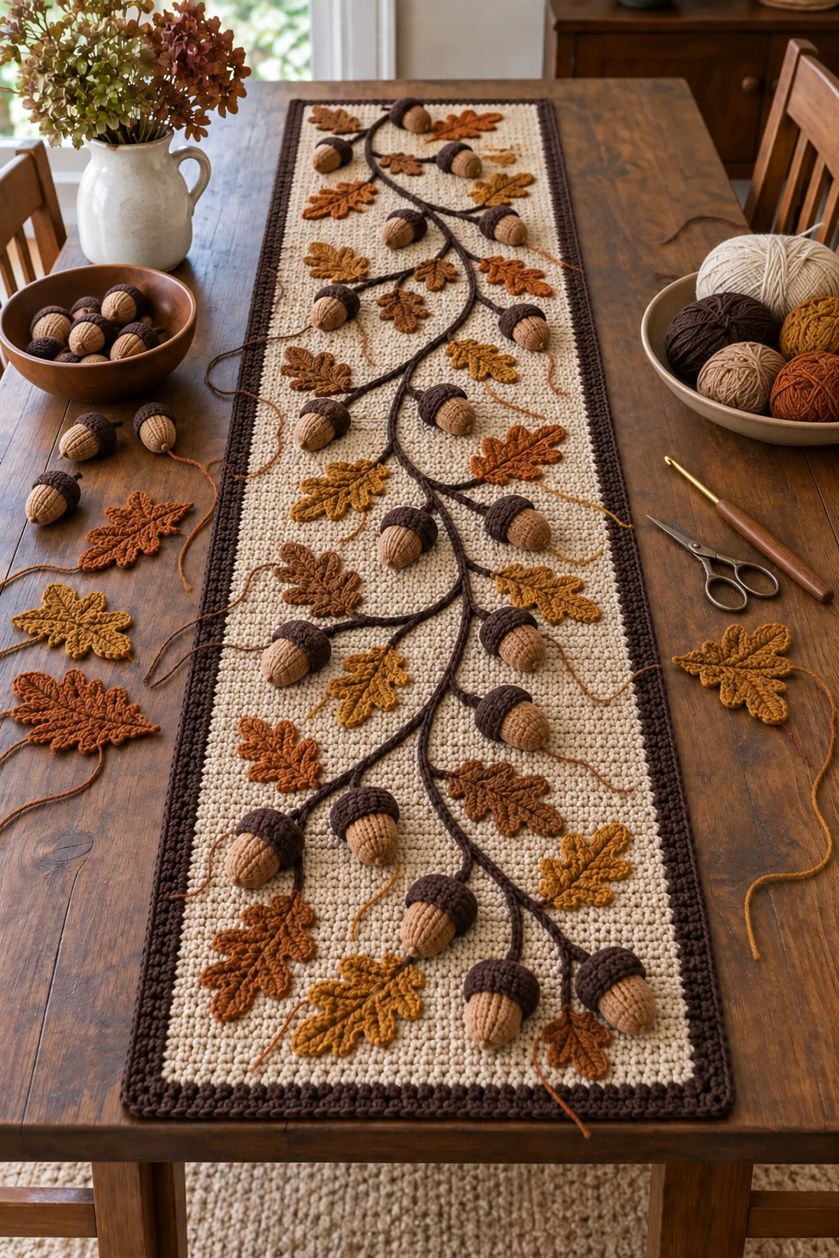Long flax lemon peel crochet table runner base in progress