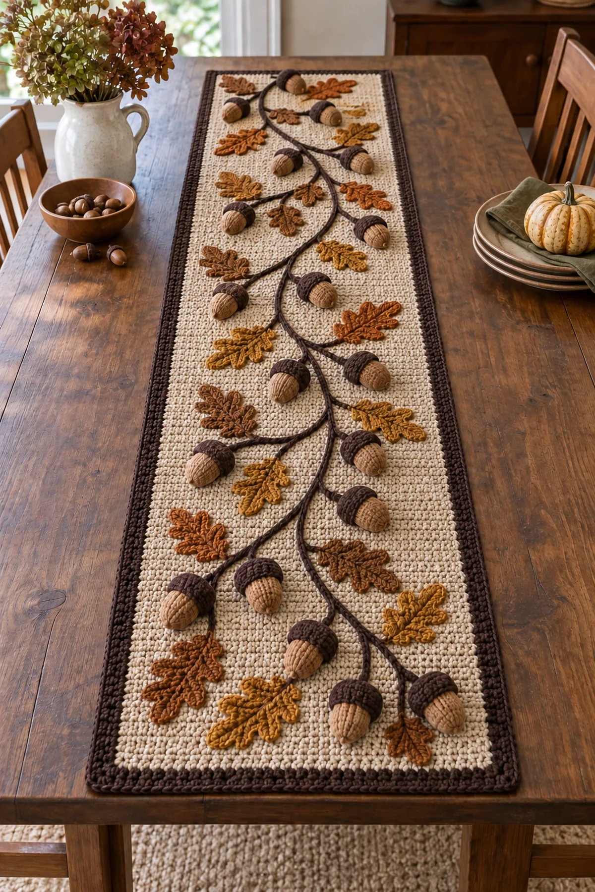 Bordered runner with branches and acorn motifs arranged