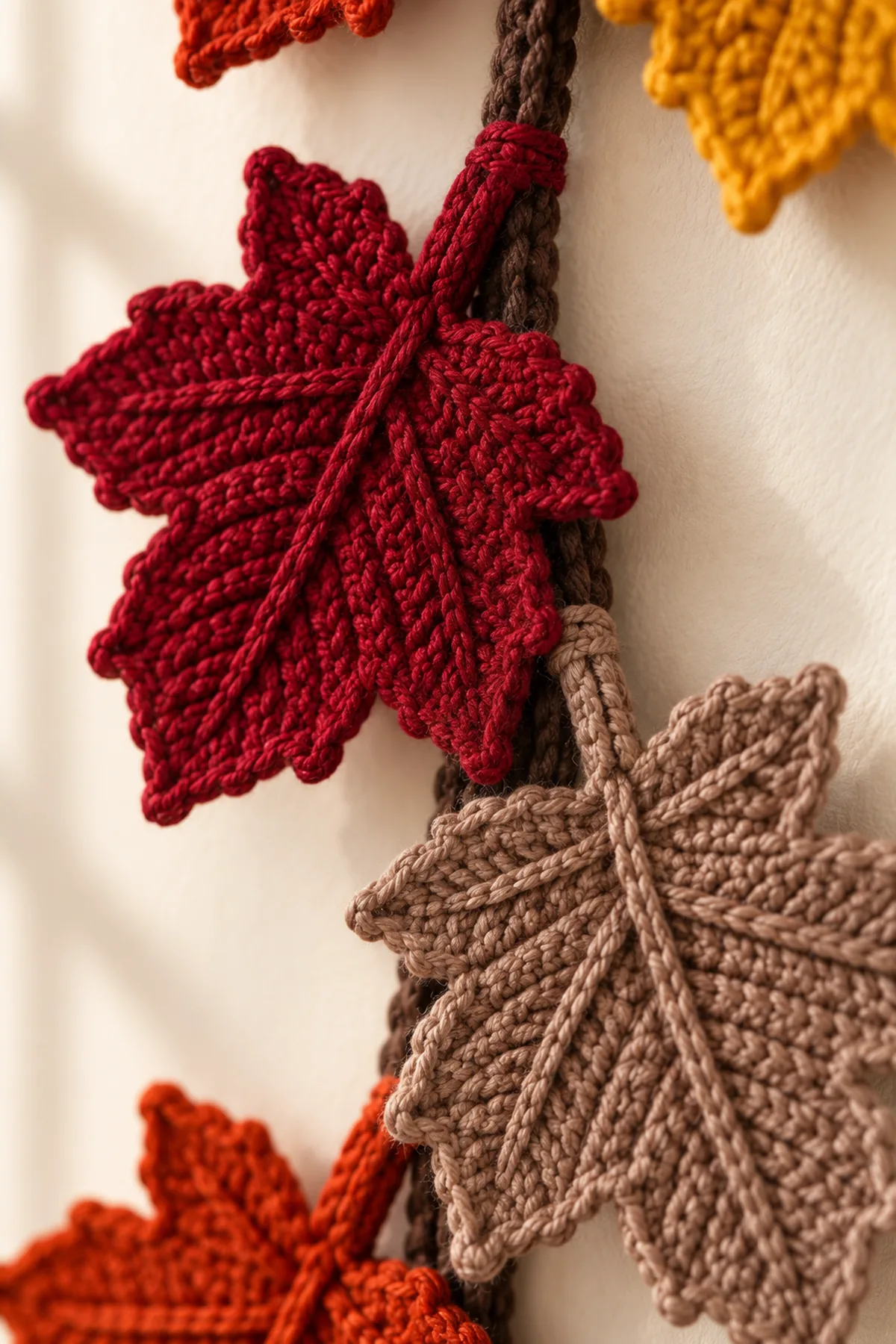 Close-up of crochet maple leaf raised vein pointed lobes and cord attachment