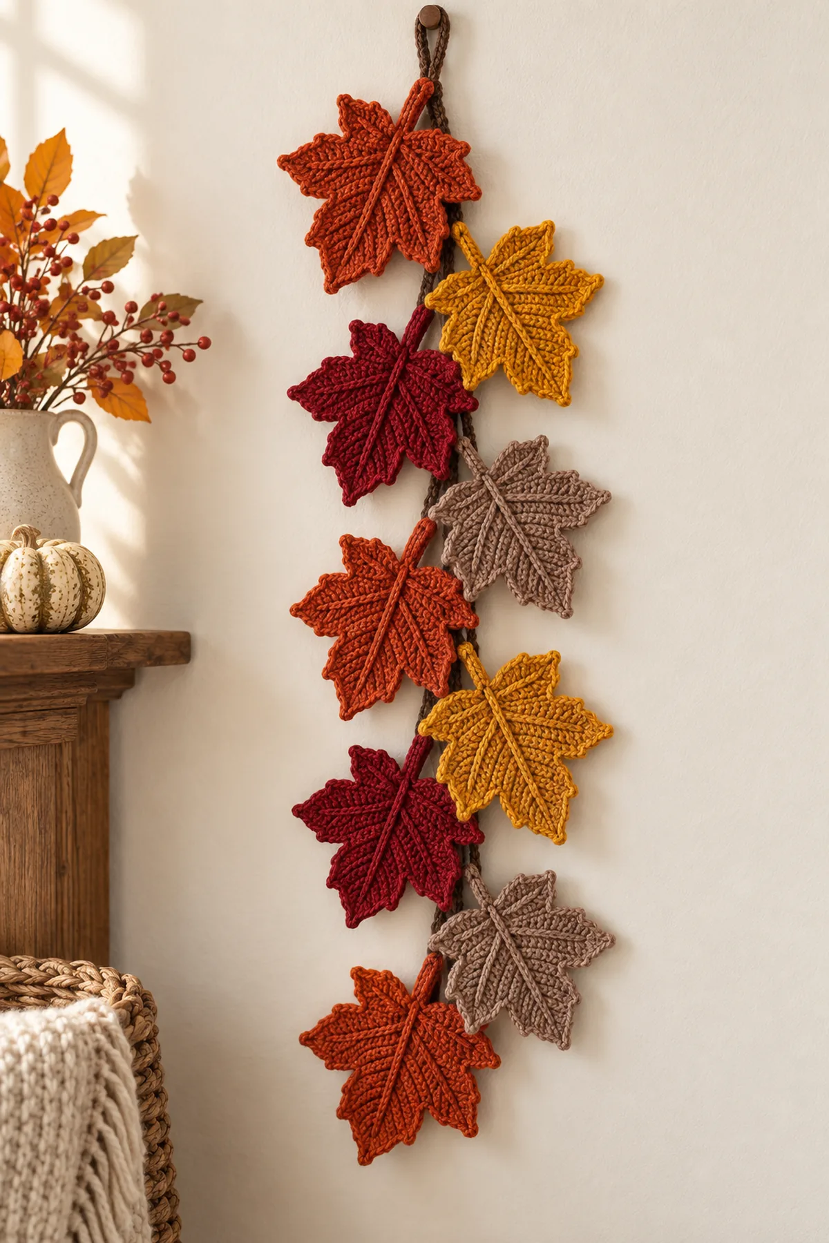 Finished vertical crochet autumn maple leaf garland with nine colorful leaves
