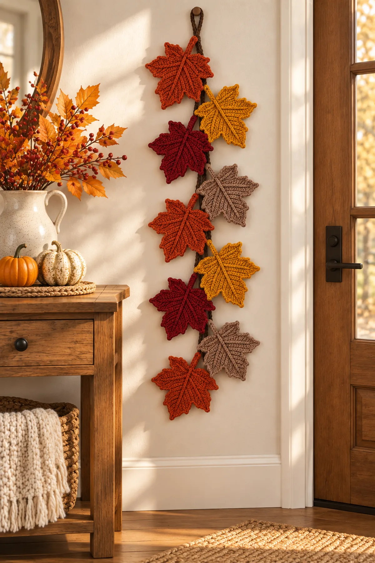 Autumn maple leaf crochet garland hanging as seasonal wall decor
