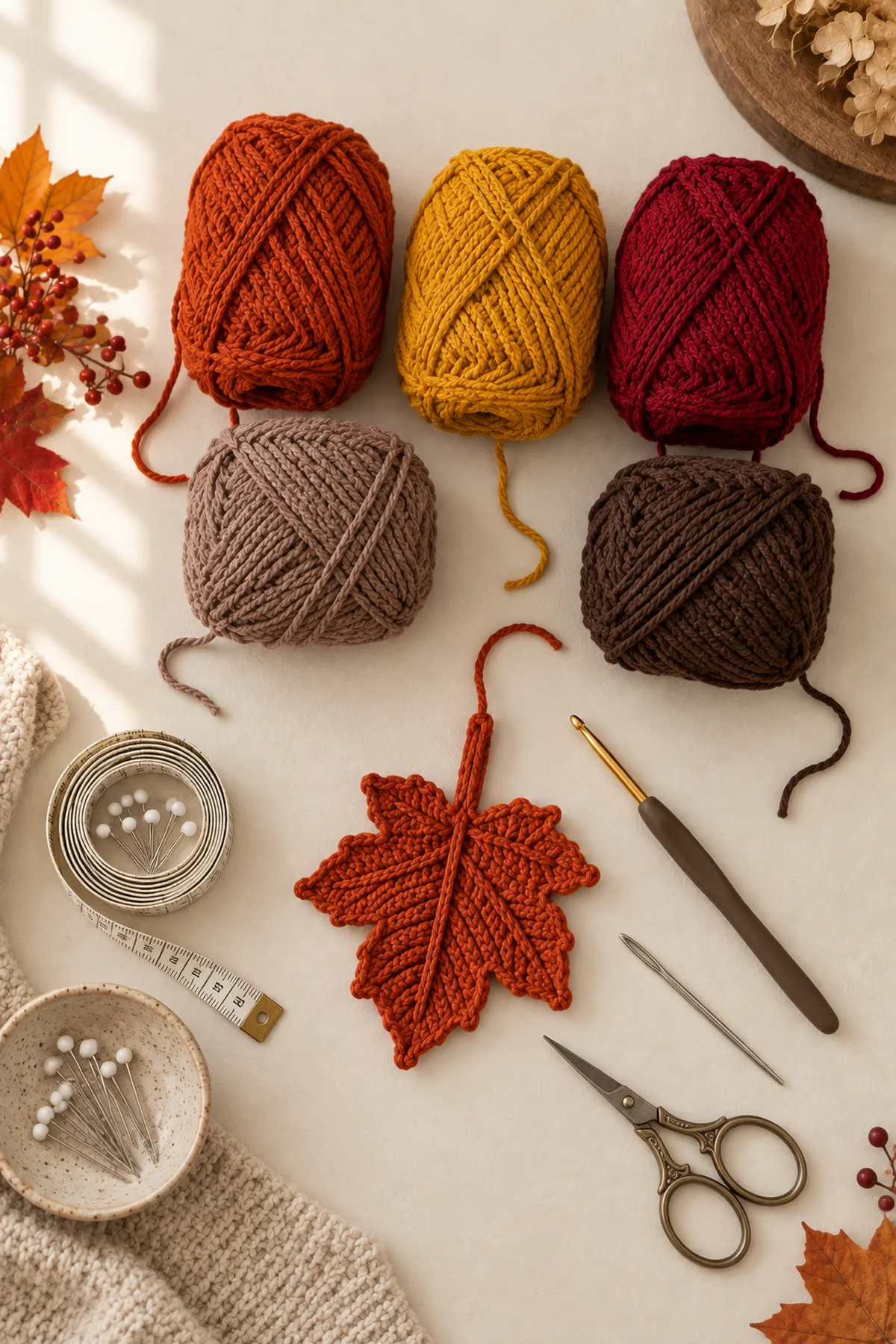 Rust mustard burgundy taupe and brown cotton yarn with hook needle and scissors