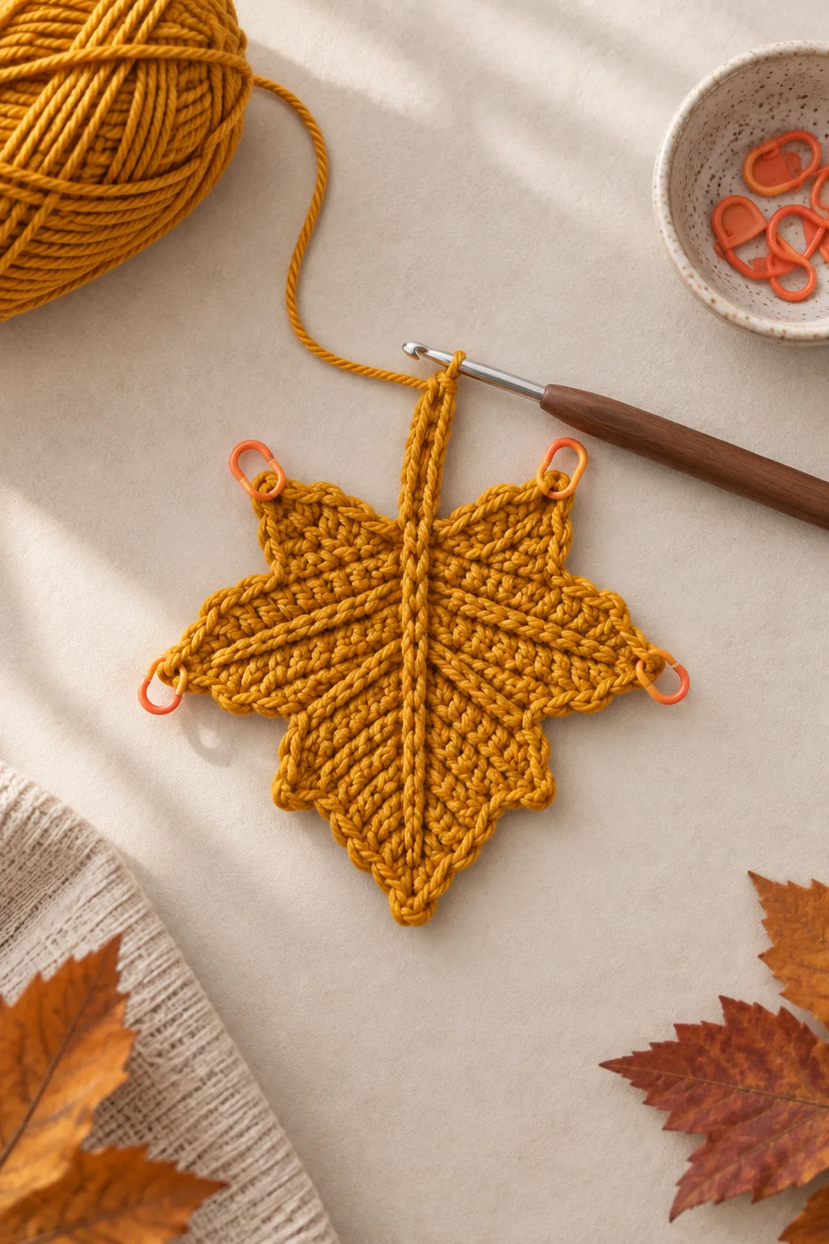 Large crochet maple leaf with shaped lobes in progress