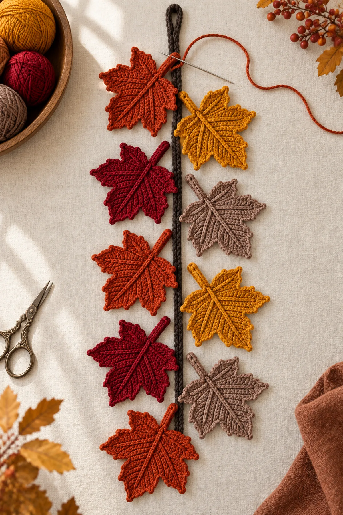 Nine blocked crochet maple leaves arranged beside reinforced brown cord