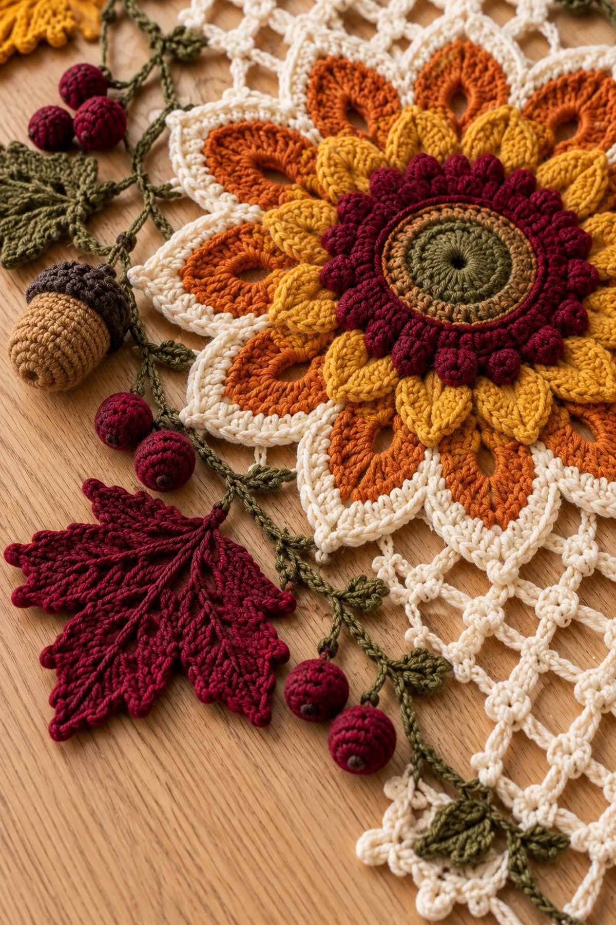 Close-up of layered crochet sunflower maple leaf acorn berry and diamond mesh details