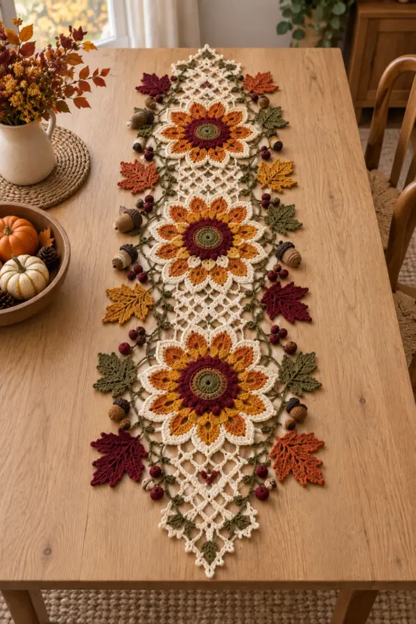 Finished crochet autumn sunflower and maple leaf table runner with three flowers on cream mesh
