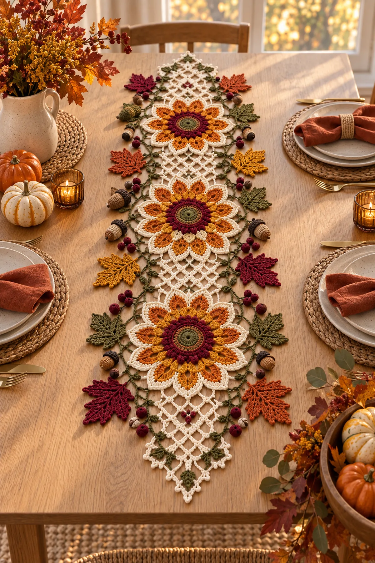 Autumn sunflower and maple leaf crochet table runner styled on a harvest dining table