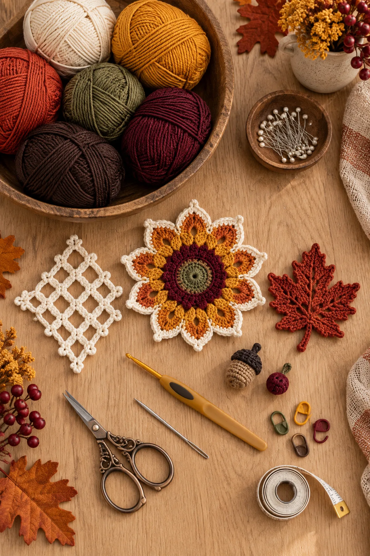 Cream mustard rust burgundy olive and brown cotton yarn with crochet hook and tools