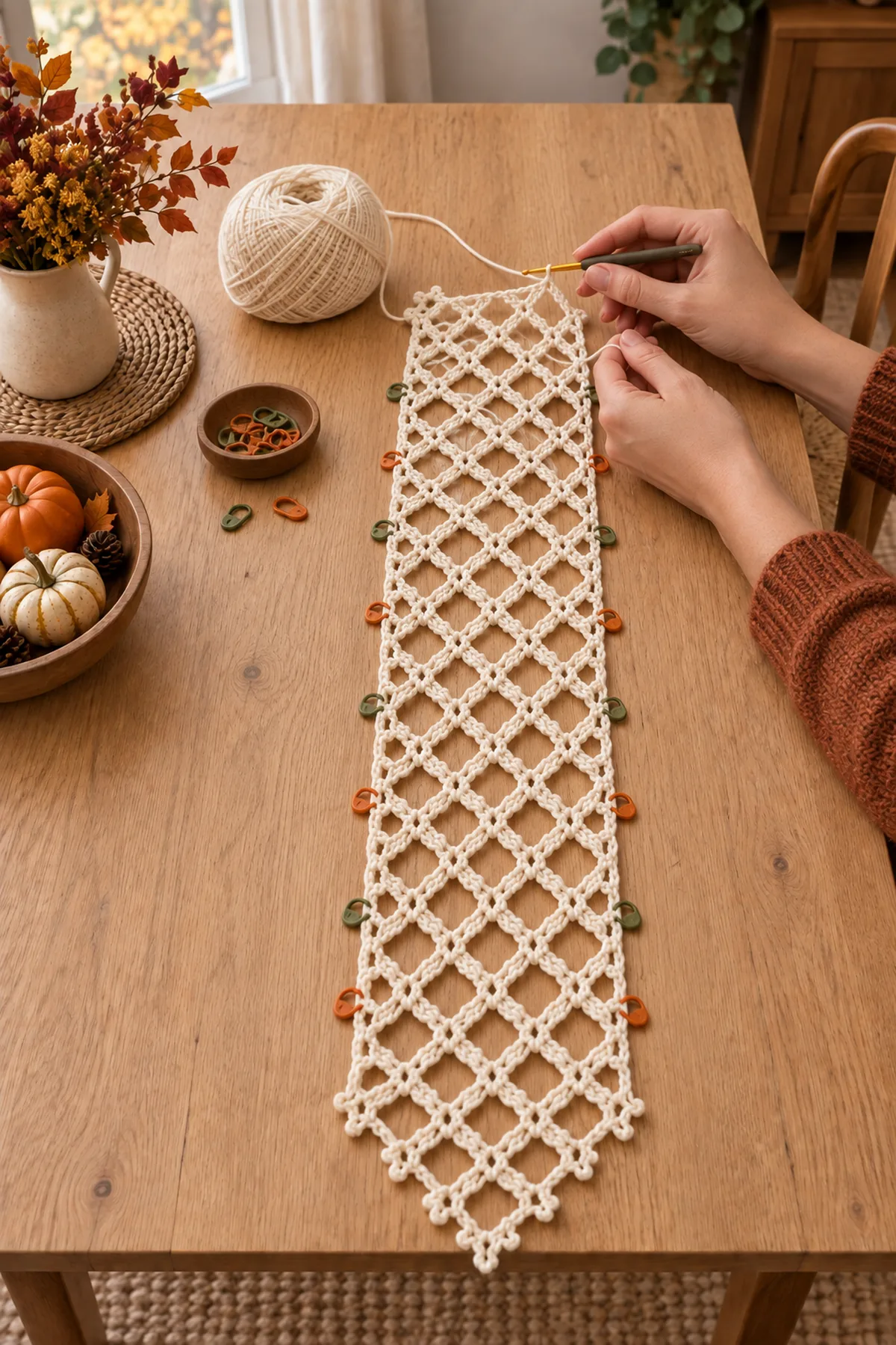 Cream diamond filet mesh crochet table runner base in progress