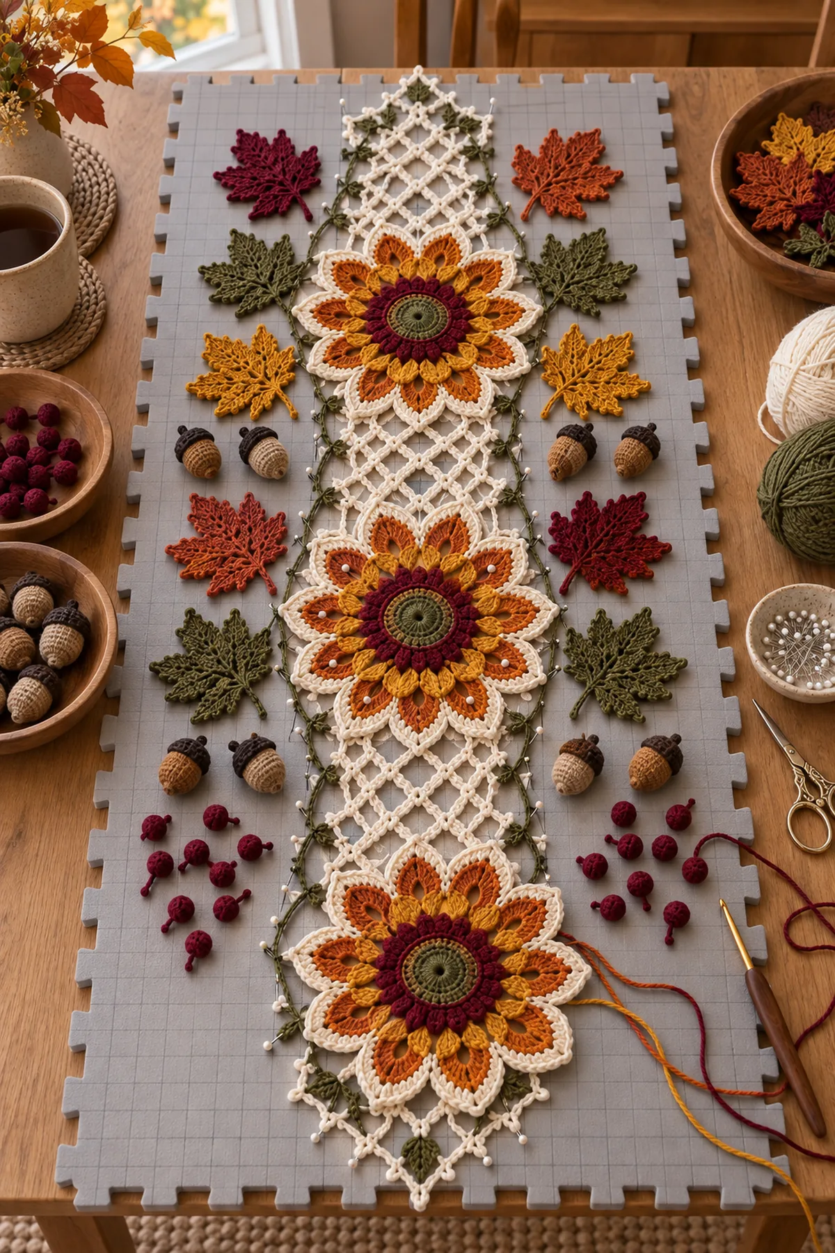 Three sunflower motifs twelve maple leaves acorns and berries arranged on cream mesh