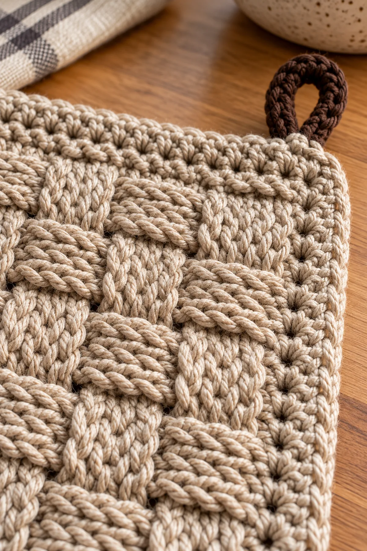 Close-up of crochet basketweave post stitches thermal border and brown loop