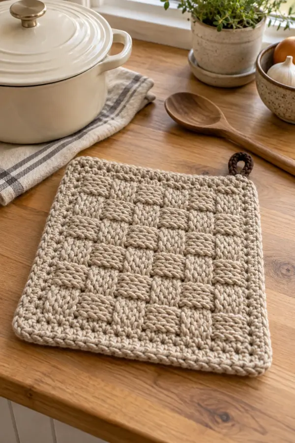 Finished oatmeal square crochet basketweave hot pad with brown hanging loop