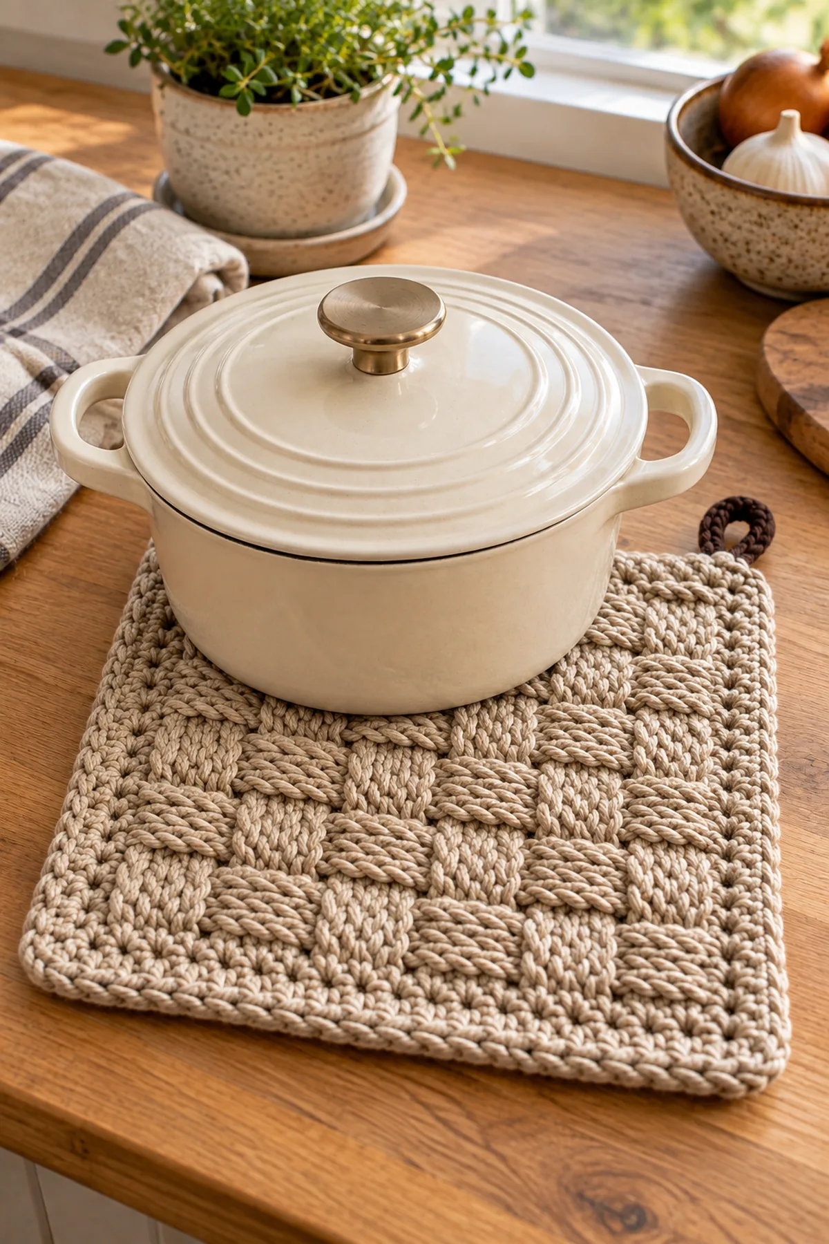 Thick basketweave crochet hot pad styled beside a warm casserole dish