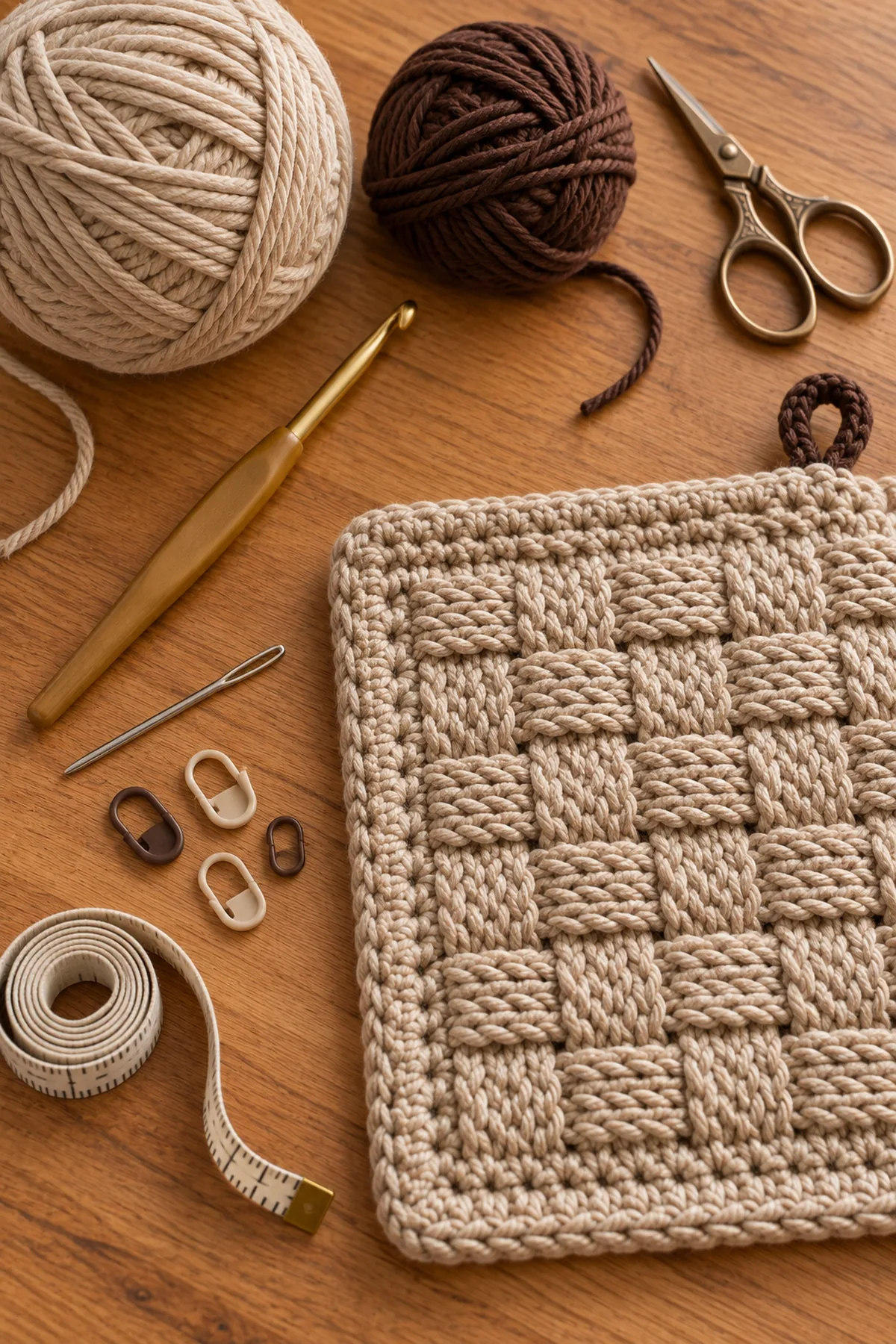 Oatmeal and brown cotton yarn crochet hook markers needle scissors and tape measure