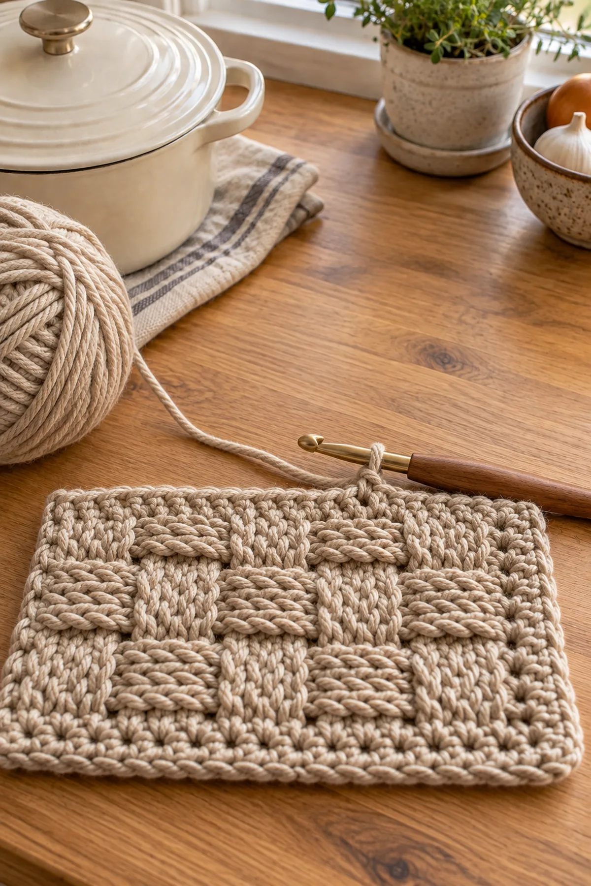 Oatmeal 35 stitch foundation with first front and back post basket blocks