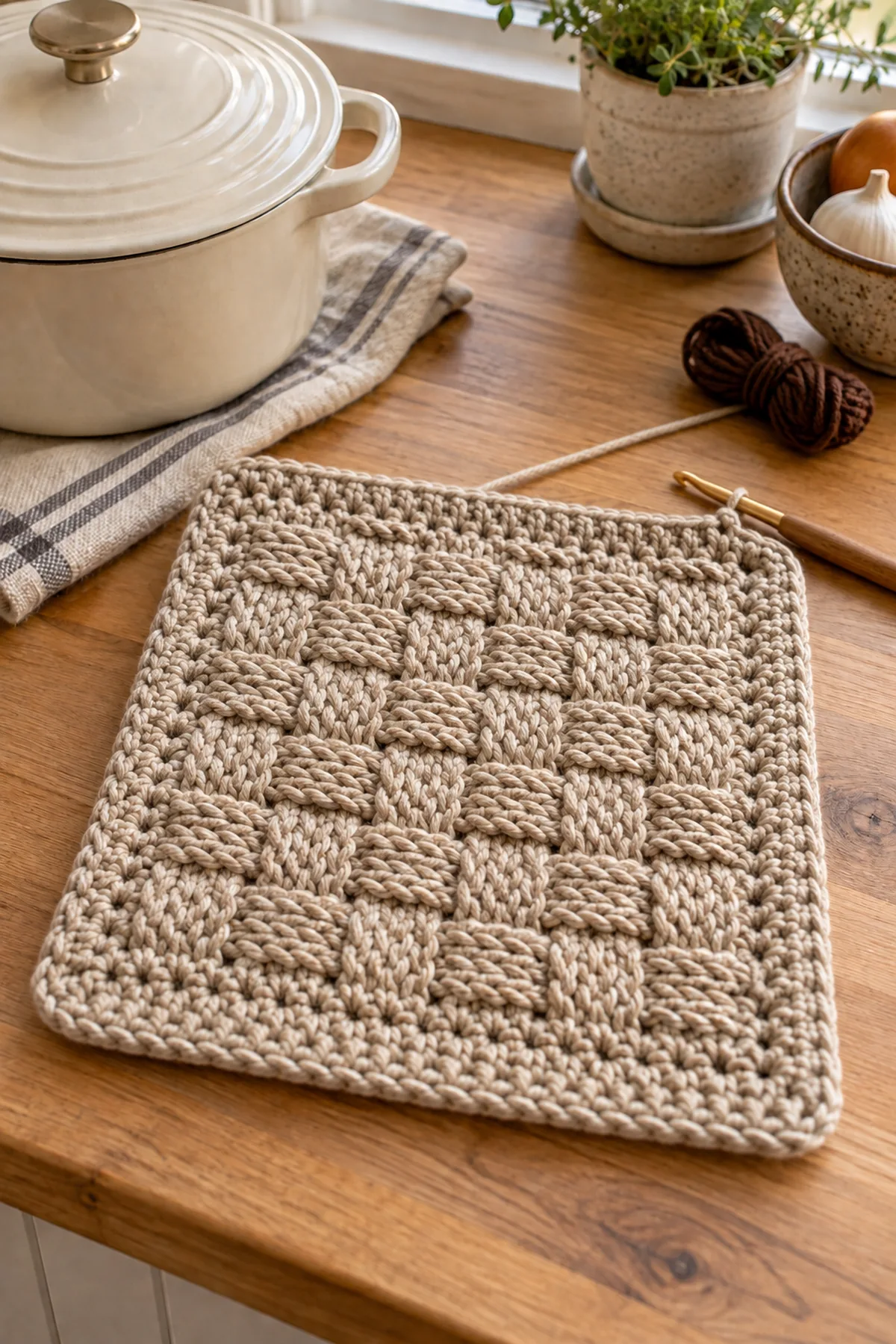 Square basketweave hot pad midway through six stacked texture sections