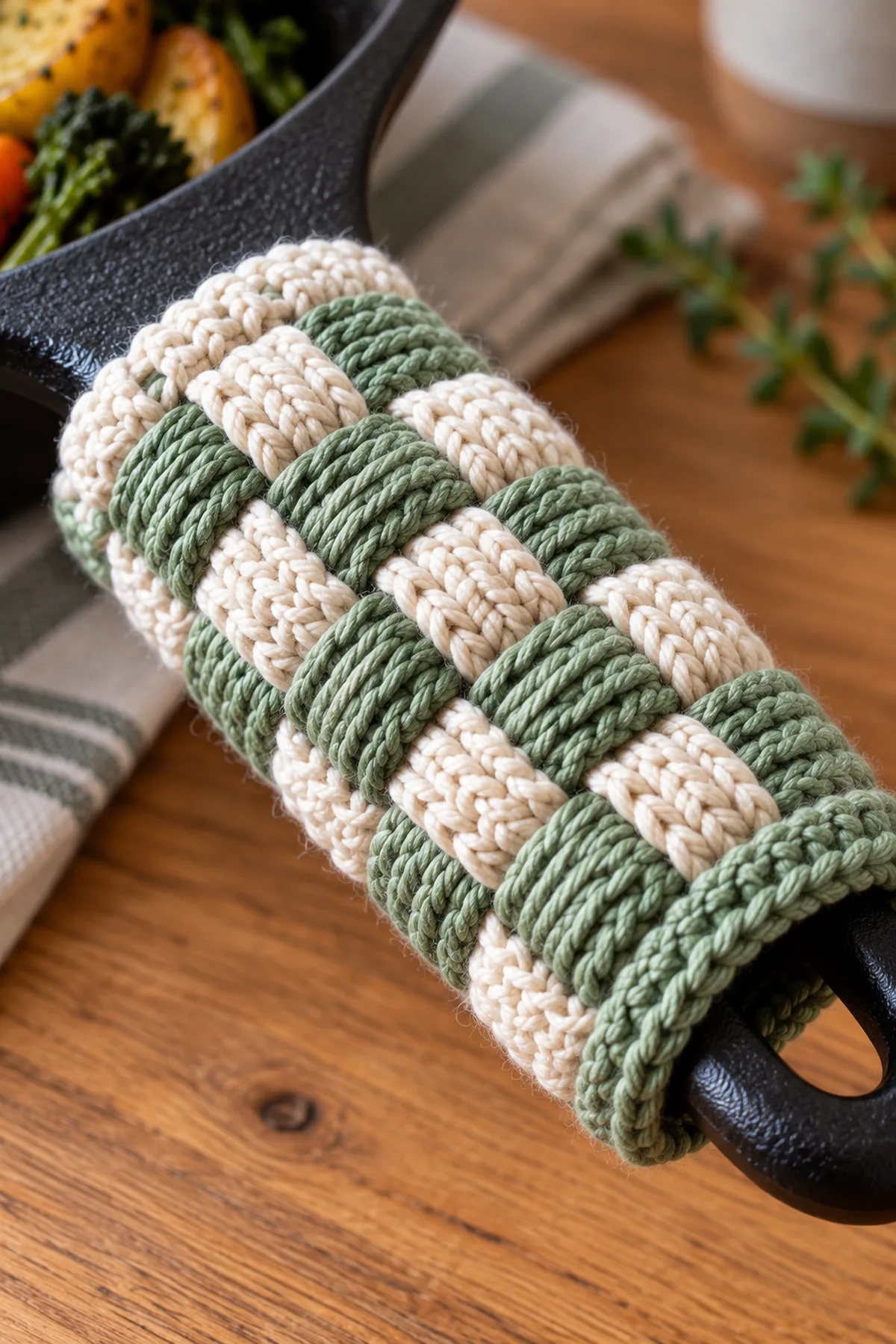 Close-up of stitch texture and finishing details on crochet basketweave pot handle sleeve