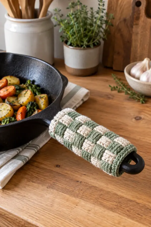 Finished crochet basketweave pot handle sleeve displayed with a clean handmade finish