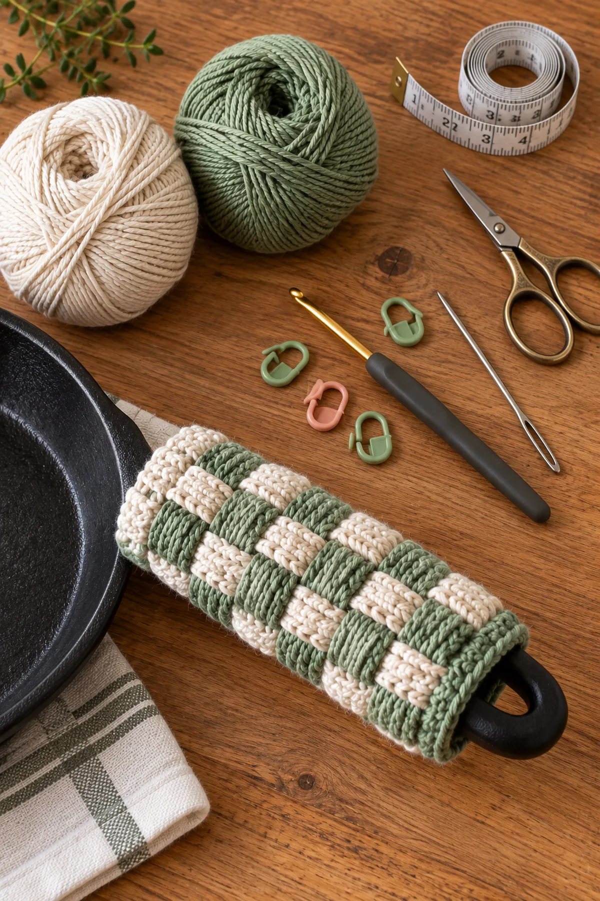 Materials for crochet basketweave pot handle sleeve including yarn, crochet hook, markers, needle, tape measure, and scissors