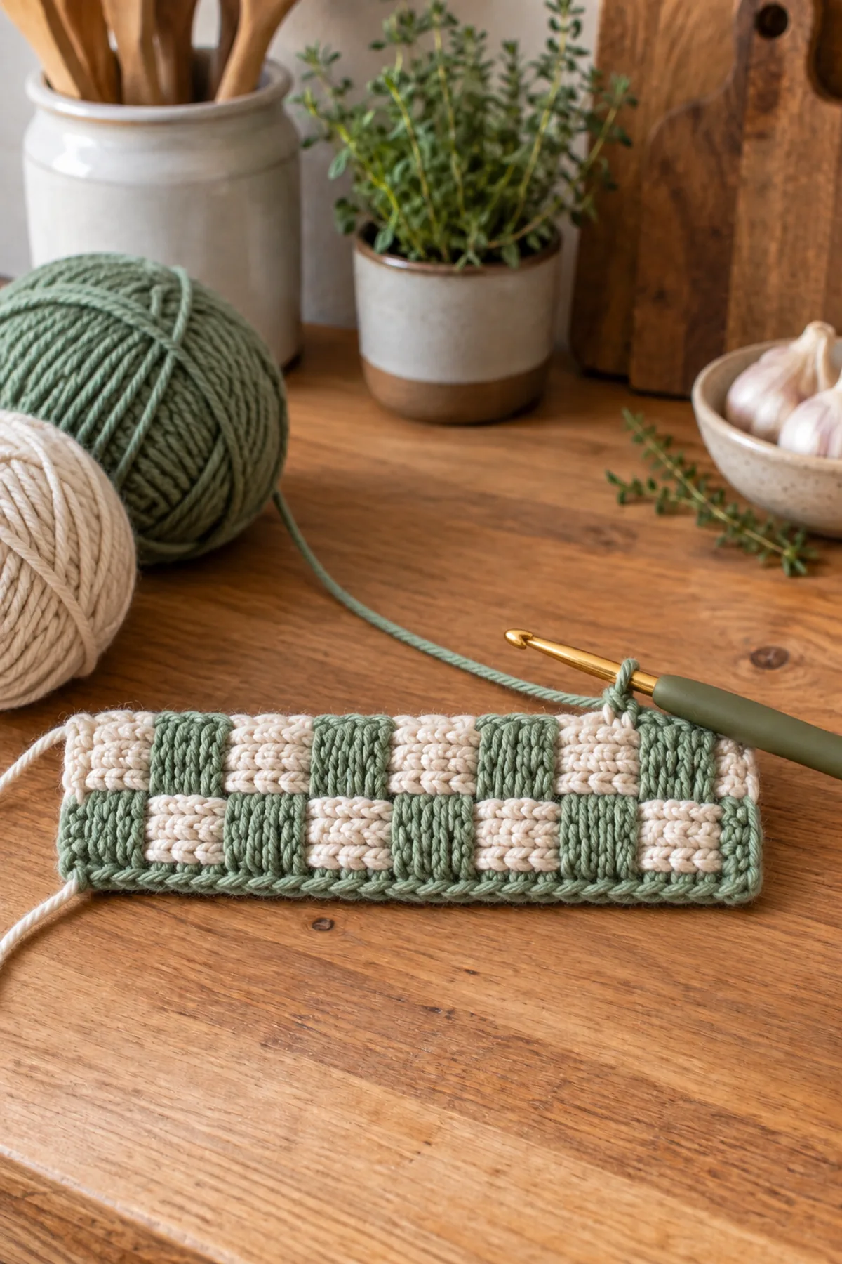 Early crochet construction stage for crochet basketweave pot handle sleeve with working yarn and hook