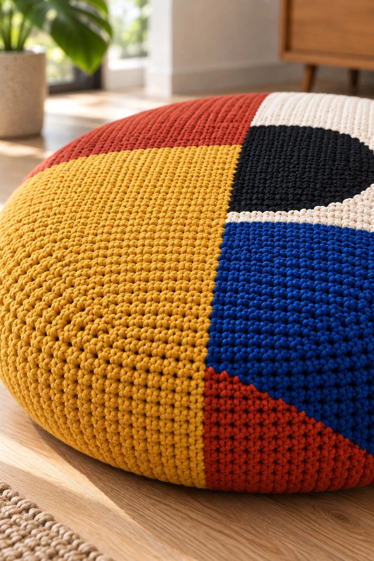 Close-up of stitch texture and finishing details on crochet bauhaus color block floor cushion